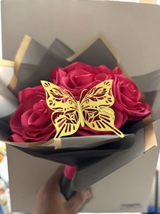 Artificial Ribbon Rose Bouquet Bundle with Butterfly Decoration, Pink Roses