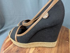 Tory Burch Majorca Wedge Heel Black Tan Peep Toe Women Size 6 EU 37 S28