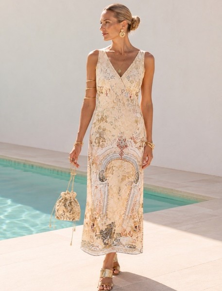 Camilla V Neck Slip Dress Size S Adorned In Antiquity Silk Floral Cream Midi