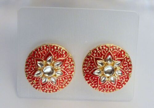 Boucles d'oreilles traditionnelles indiennes Bollywood or émail rouge hauts bijoux - Photo 1/2