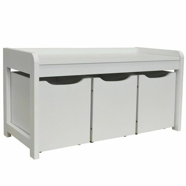 White Wooden Bench Wt Storage Bins Underneath Shoe Toy Tubs On
