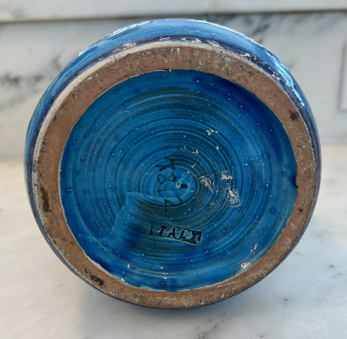 Vintage Bitossi Pottery Aldo Londi Blue Green Vase Flowers - 11.75
