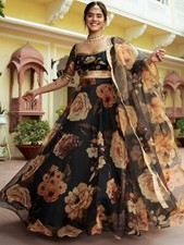Attractive Look Organza Black Lehenga Choli With Dupatta For Reception Wear