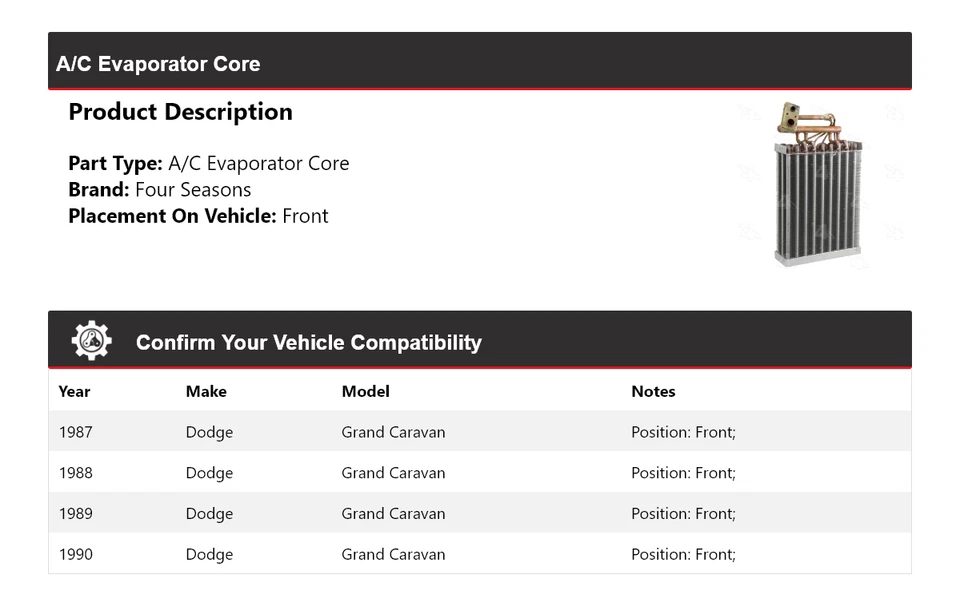 Para Dodge Grand Caravan 1987-1990 A/C Evaporador Núcleo Delantero 4 Temporadas 1988 1989 Foto 2 de 4