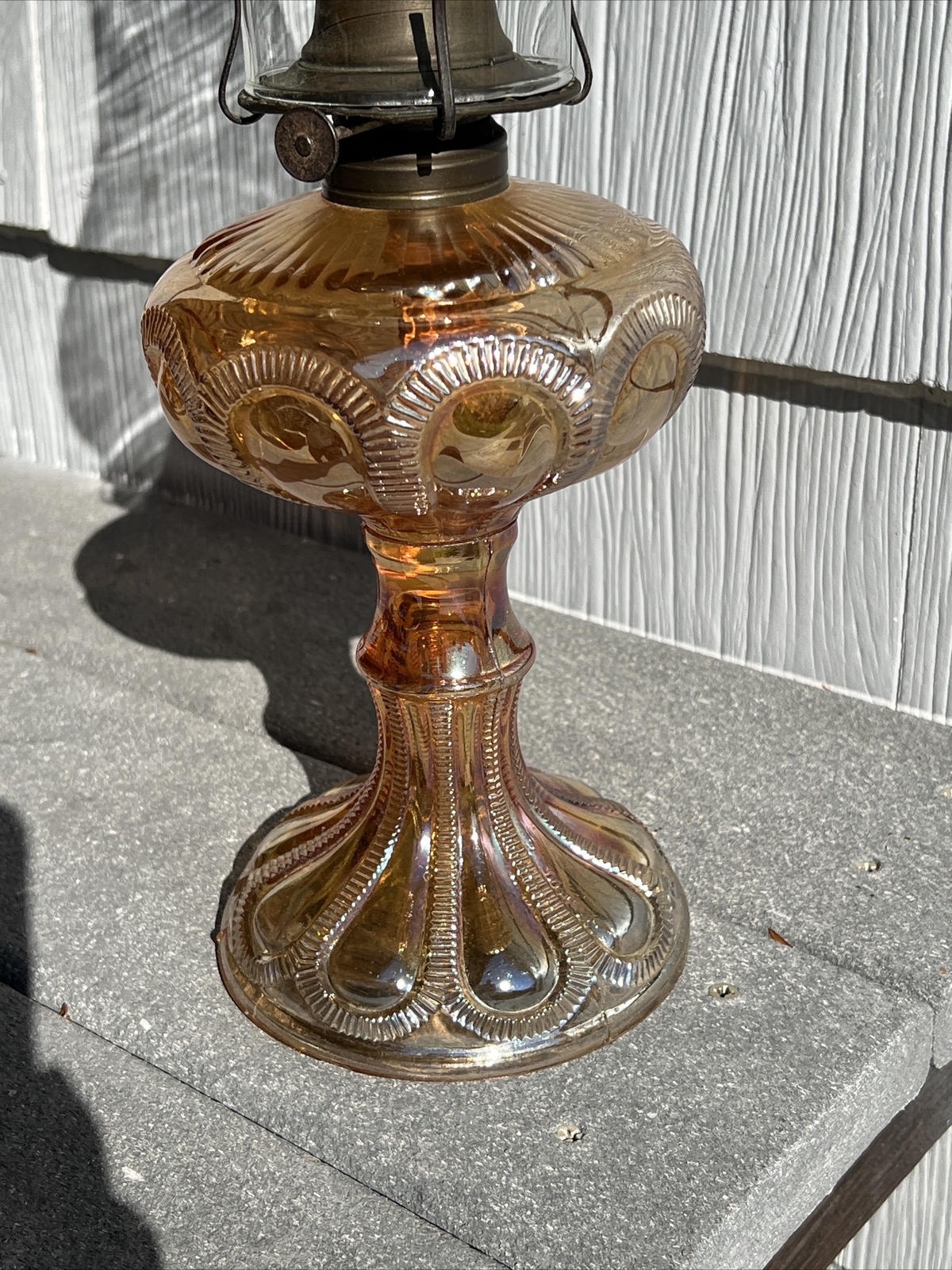 ANTIQUE CARNIVAL GLASS IRIDESCENT ZIPPER LOOP OIL LAMP COMPLETE BEAUTIFUL!! eBay