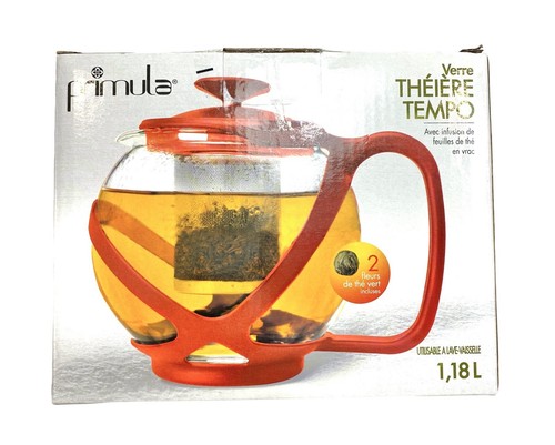 Primula Glass/Verre 40oz Tempo Teapot Dishwasher Safe Metal Leaf Tea Infuser Red - Picture 3 of 6