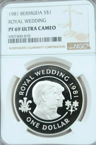 1981 BERMUDA SILVER 1 DOLLAR S$1 ROYAL WEDDING NGC PF 69 ULTRA CAMEO TOP POP !