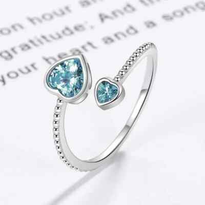 Sterling Silver Plated Heart-shaped Rhinestone Ring Cute Adjustable Blue Women