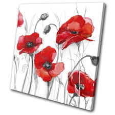 Red Poppies Flowers Illustration Floral SINGLE CANVAS WALL ART Picture Print