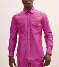 Leather Men Shirt Real Pink Casual 100 Original Stylish Formal Party Handmade