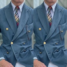 Denim Men's Suits Peak Lapel Tuxedos Double Breasted Formal Business Blazers
