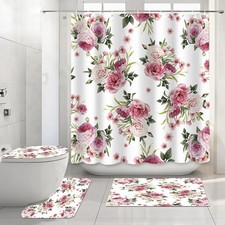 Vintage Floral Shower Curtain Sets 4-Piece Pink Rose Waterproof Shower Curtai...