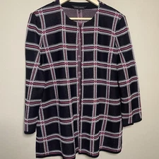 Ming Wang Jacket Women Large Black Pink Plaid Long Sleeve Career Upper Eye Hook