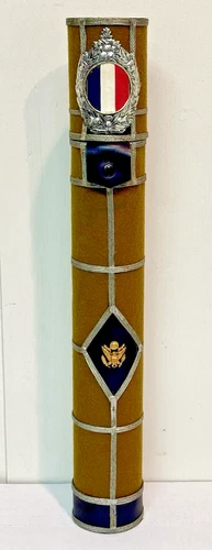 RARE & UNUSUAL TRENCH ART WW2 ERA MILITARY DOCUMENT CASE FRENCH & U.S. INSIGNIA