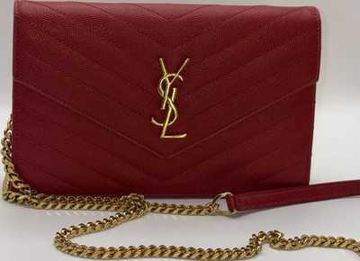 Saint Laurent Envelope Small Red Chevron Quilted Chain Crossbody Gold Hardware