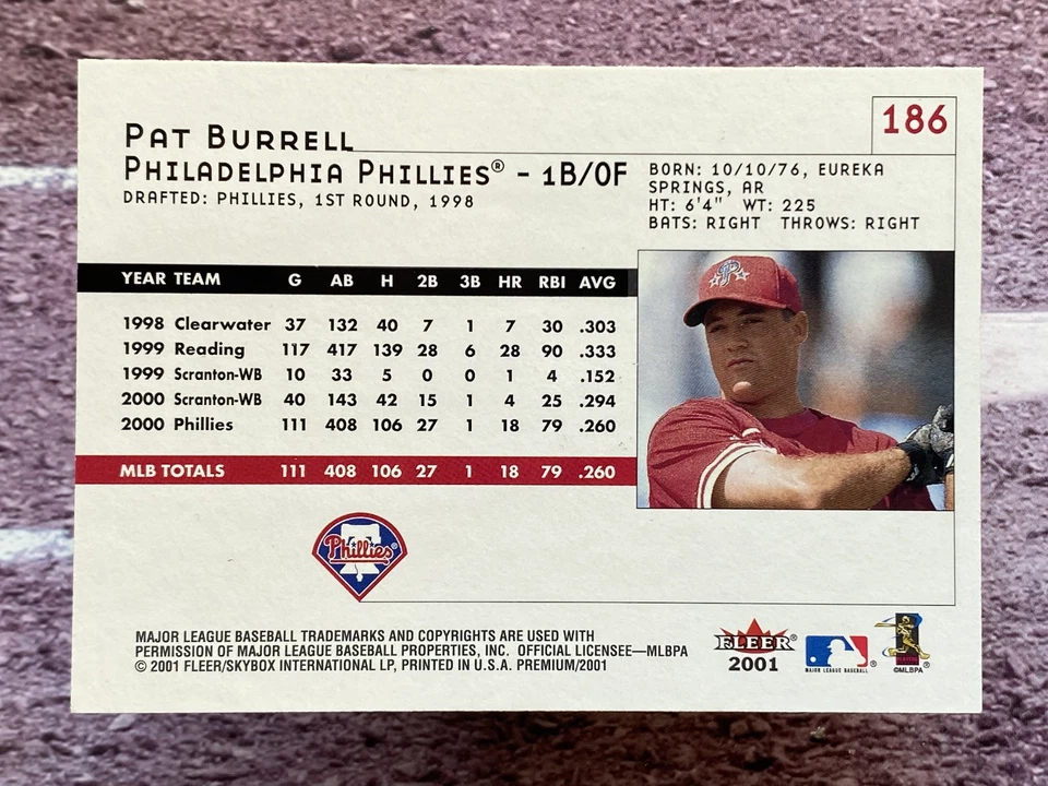 2001 Fleer Premium Pat Burrell #186 Philadelphia Phillies - Image 2 of 2