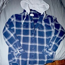 Mens Blue Plaid Hooded Flannel Button-Up Shir...