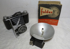 Vintage Foldex 20 Camera w/86mm Octvar Lens, Flash Attachment, Box UNTESTED