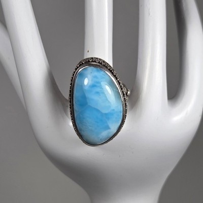 Large Bali-Style Larimar Ring Sterling Silver Artisan Crafted 15g Size 6