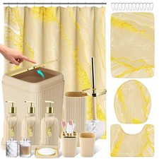 Beige 21-Pc Bathroom Set: Shower Curtain, Rugs, Trash Can, 3-Pc Dispensers