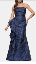 Xscape Evenings Strapless Ruffle Brocade Blue Gown Size:14 $308