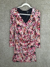 Guess Floral Sheath Dress Womens 14 Pink Black Long Sleeve V-Neck Stretch Chic