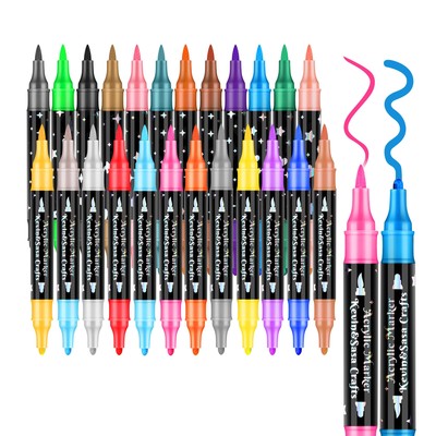 24 Colors Dual Tip Acrylic Paint Marker Pens Set, Multifunctional Acrylic Tip
