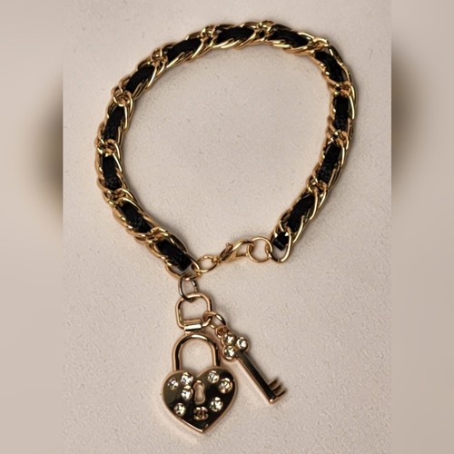 Authentic Chanel Gold Black leather Chain Bracelet