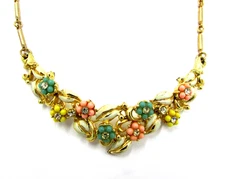Vintage Floral Enamel Rhinestone Bib Choker Gold Tone Necklace Signed Coro
