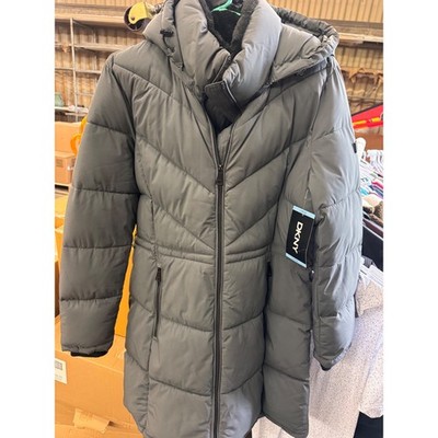 DKNY Long Puffer Jacket Large Grey New DL5MP559 Hooded Quilted Winter Coat