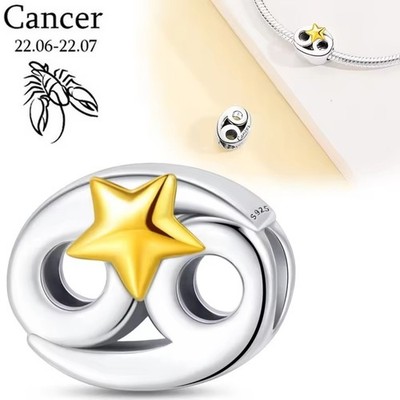 Cancer Zodiac Star Charm Fit Bracelet Necklace, 925 Sterling Silver