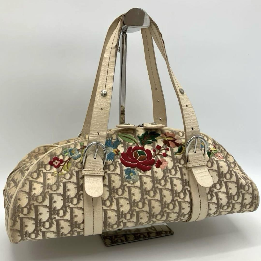 Dior Flower Embroidery Trotter Mini Boston Shoulder Bag Ivory 17cm