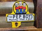 VINTAGE PEP BOYS PORCELAIN SIGN OLD AUTOMOTIVE CAR TRUCK PARTS SUPPLY TAG TOPPER