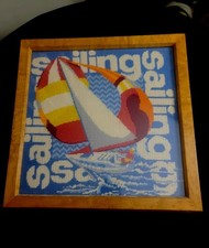 Professionally Framed Needlepoint Sailboat "SAILING" Hand Made Nautical 16"x16"