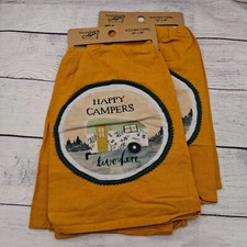 2 Kitchen Towels, Happy Campers Live Here, Vintage Camper, Orange Green
