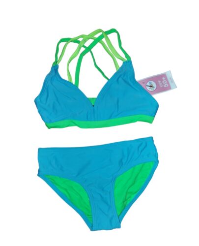Circo Girls 2 Pc Swim Suit Top Bottom UPF 50 W/ Lining Blue Green S/P 6/6X (ZT)
