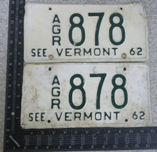 1962 62 VERMONT VT AGRICULTURE AGR FARM TRUCK LICENSE PLATE TAG PAIR SET # 878