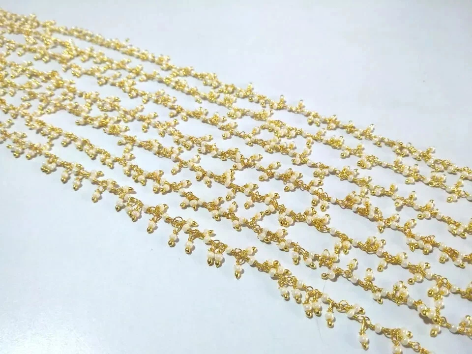 Cadena con cuentas rosario de cuarzo con racimo de perlas blancas de 2 mm alambre chapado en oro de 24 k 5 pies Foto 2 de 4