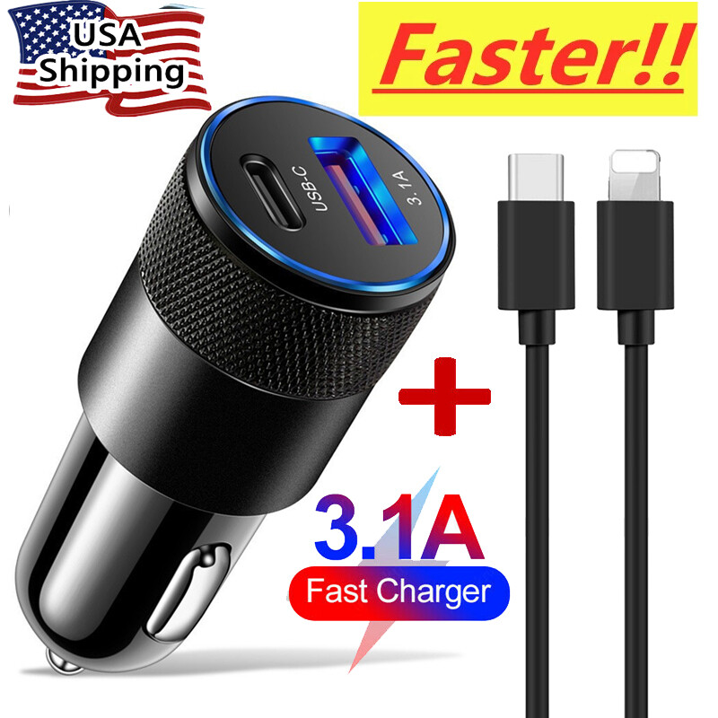 iphone 13 cigarette charger 15W 2-Port USB PD Car Charger Adapter USB-A+USB-C PD Fast Charging with Blue LED for iPhone 12 13 14 14Pro 14 Pro Max for Huawei Mate50 for Samsung Ga