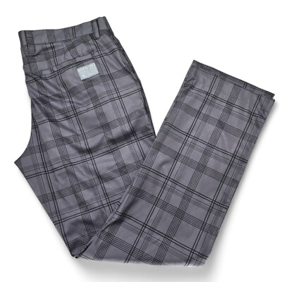 Matte Grey Brand Mens 36x32 Golf Pants Polyester Gray Plaid Check Flat Front