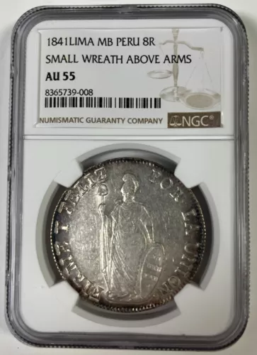 1841 Lima MB Peru 8 Reales Small Wreath Above Arms NGC AU 55