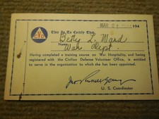 Vintage 1944 WWII Civilian Defense Volunteer Identification Card 