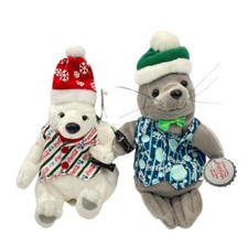 1999 Vintage Coca-Cola Christmas Bear And Seal W/ Hat Vest Bean Bag Plush New