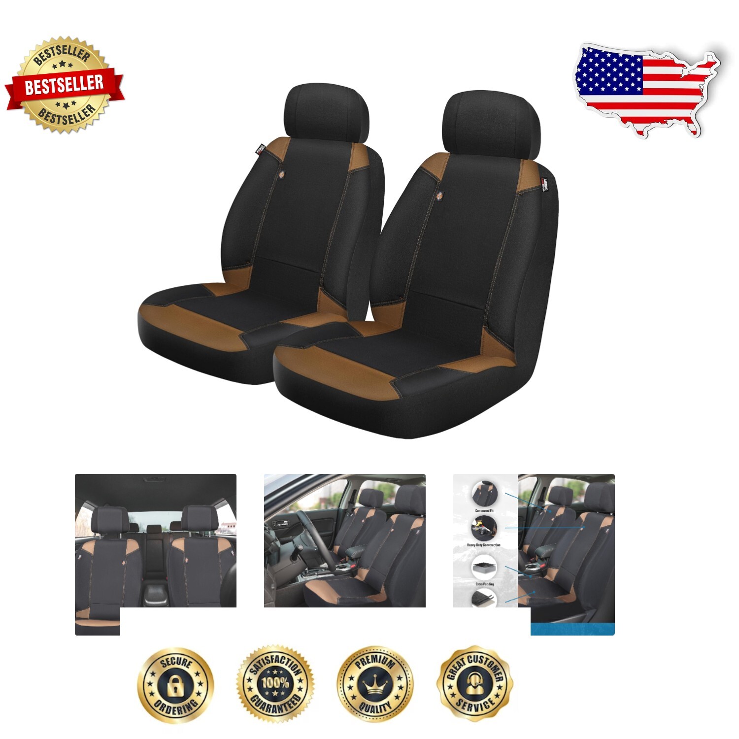 Dickies Heavy-Duty Black/Brown Seat Covers for Trucks - Easy Install & Clean