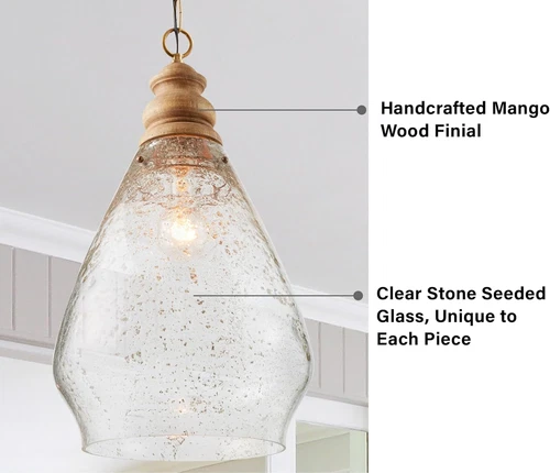 Juniper 1-Light Seeded Glass Pendant with Wood Accent - 25" H x 14" W - Picture 5 of 7