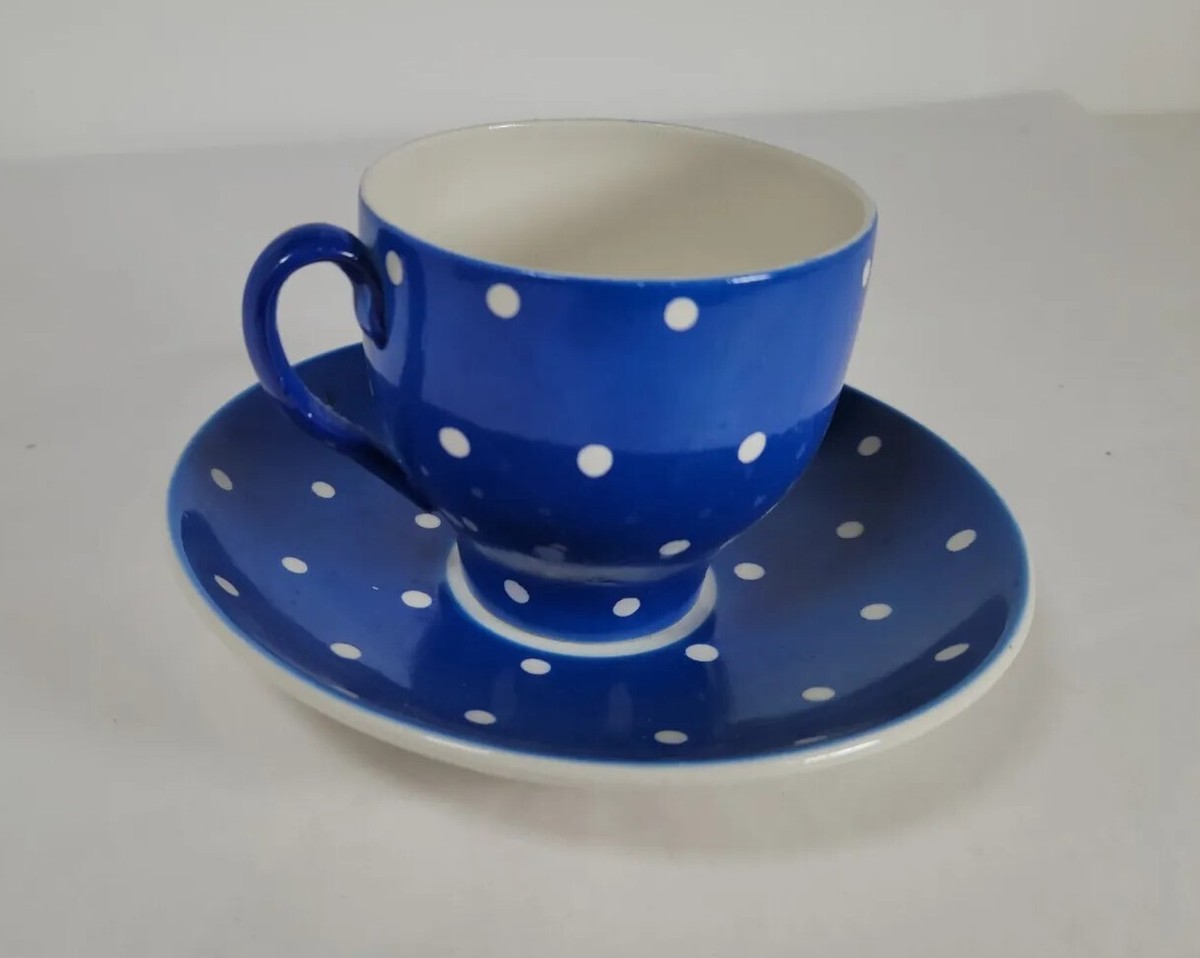 Upsala Ekeby Gefle Tea Cup And Saucer Aminita Blue White Polka