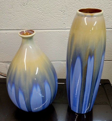 Mid Century Modern Pair Of Vintage Blue Drip Glazed Ceramic Vases Vessels 1960s - Picture 2 of 7