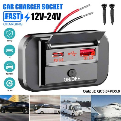 12V-24V Dual USB QC3.0 Car Boat RV Fast Charger Socket LED Power Outlet Panel