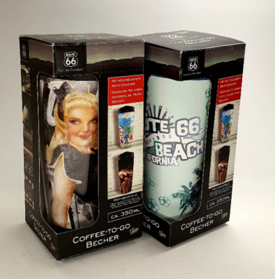 2 Coffee-to-go Becher, 350 ml, Serie Route 66,Beach California/Feel the freedom