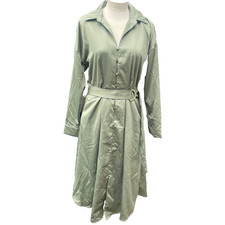 French Connection Sage Satin Midi Shirt Dress XS Belted Long Sleeve NWT